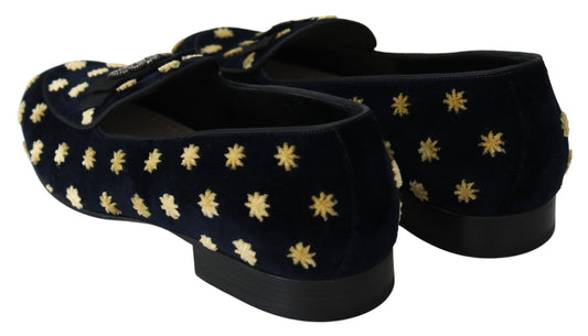 Dolce & Gabbana Blue Velvet Crown Slippers Loafers Shoes schwarz