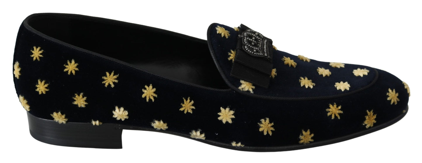 Dolce & Gabbana Blue Velvet Crown Slippers Loafers Shoes schwarz