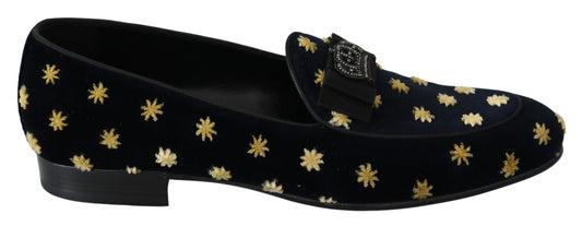 Dolce & Gabbana Blue Velvet Crown Slippers Loafers Shoes schwarz