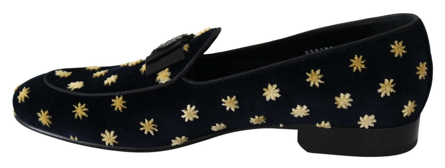 Dolce & Gabbana Blue Velvet Crown Slippers Loafers Shoes schwarz
