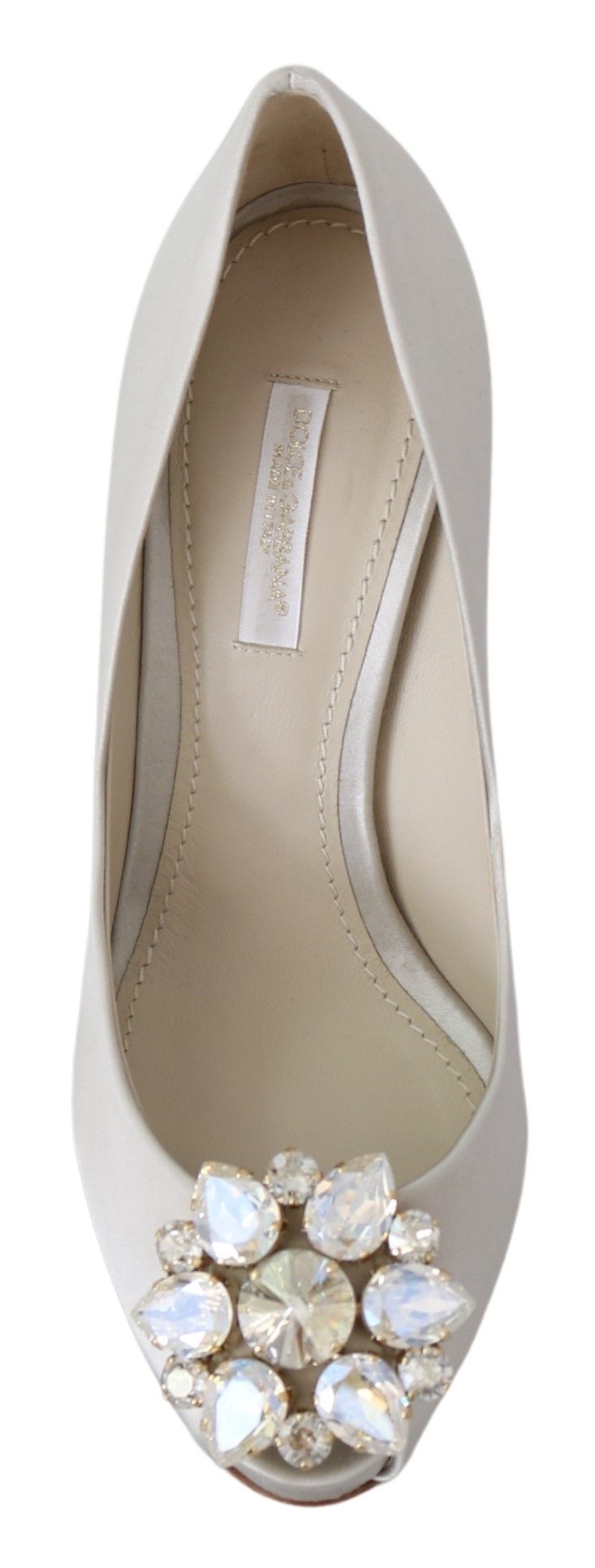 Dolce & Gabbana White Crystals Peep Toe Heels Satin Pumps Shoes weiss