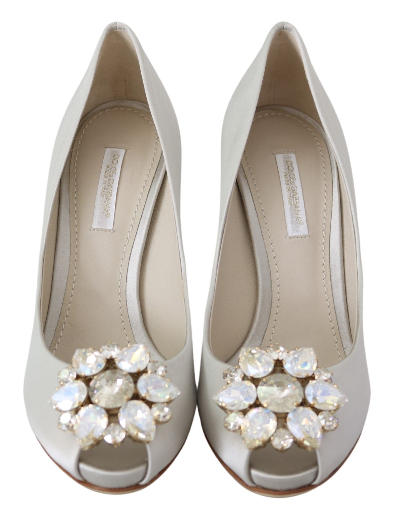 Dolce & Gabbana White Crystals Peep Toe Heels Satin Pumps Shoes weiss
