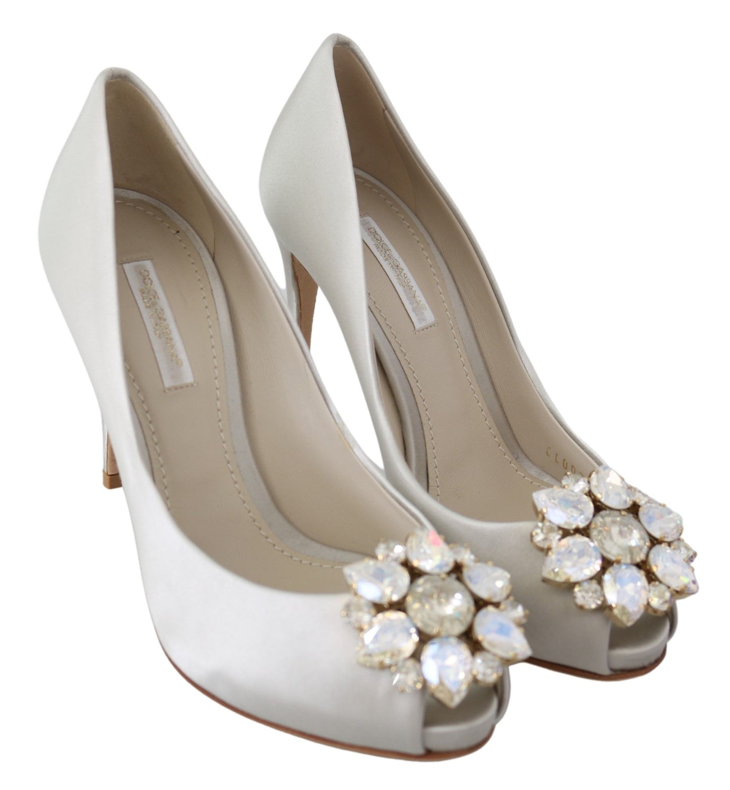Dolce & Gabbana White Crystals Peep Toe Heels Satin Pumps Shoes weiss