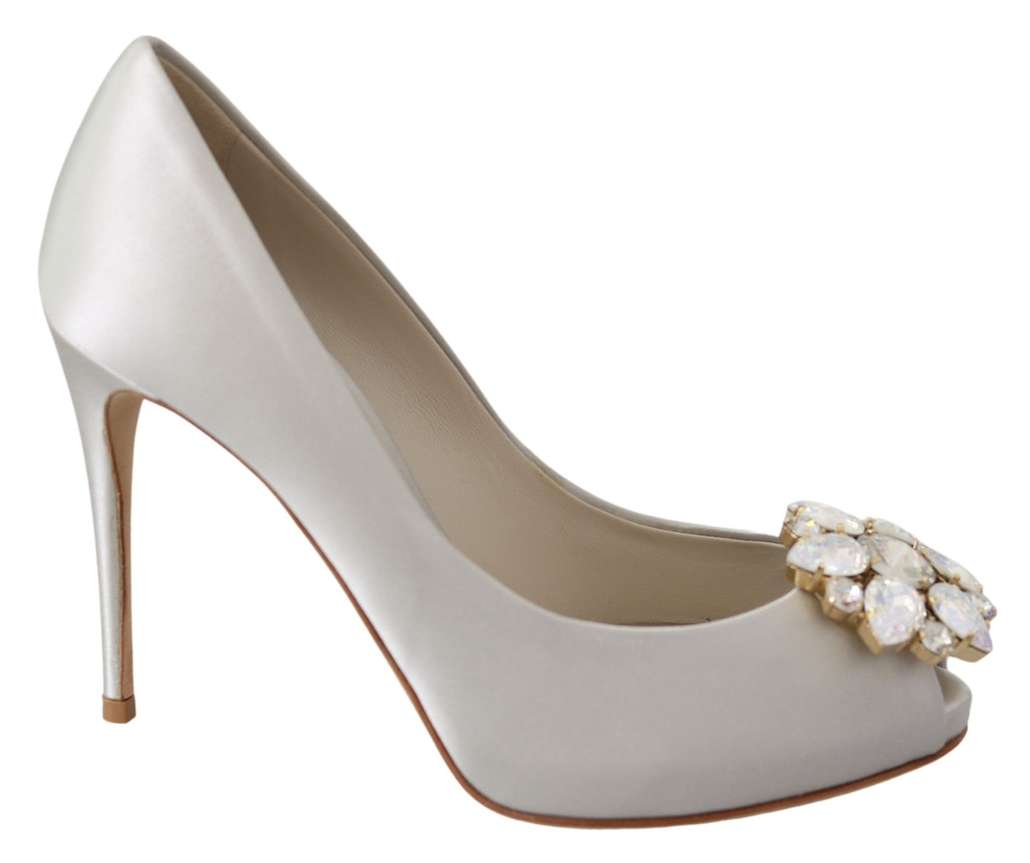 Dolce & Gabbana White Crystals Peep Toe Heels Satin Pumps Shoes weiss