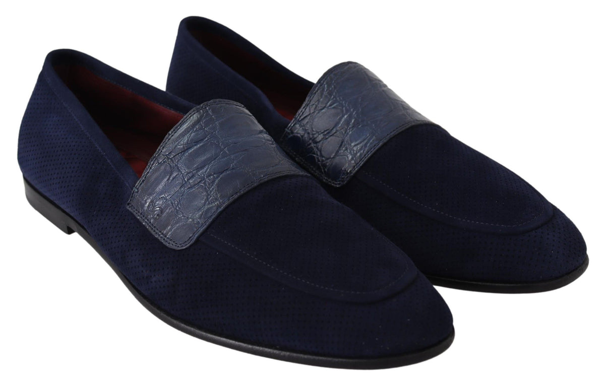 Dolce & Gabbana Blue Suede Caiman Loafers Slippers Shoes blau