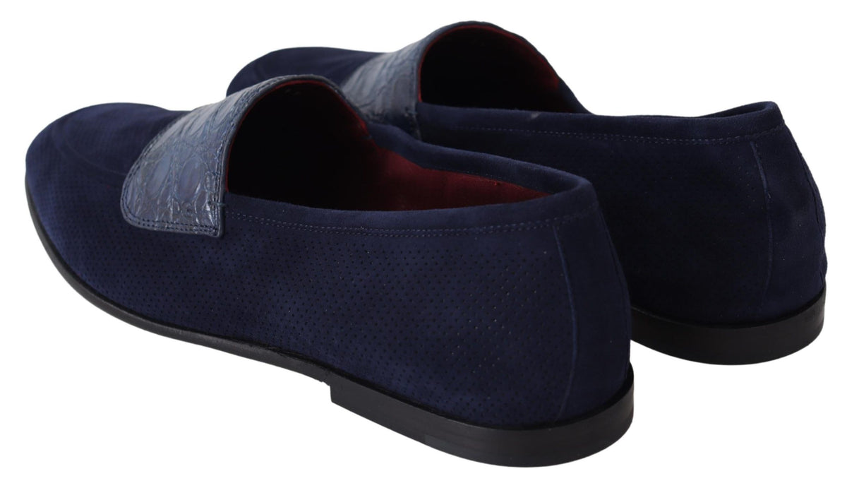 Dolce & Gabbana Blue Suede Caiman Loafers Slippers Shoes blau
