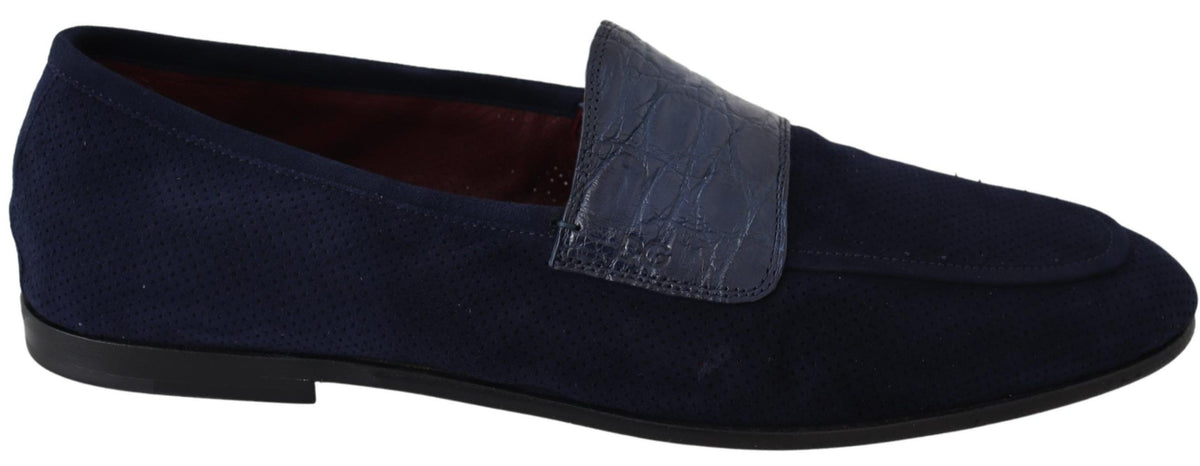 Dolce & Gabbana Blue Suede Caiman Loafers Slippers Shoes blau