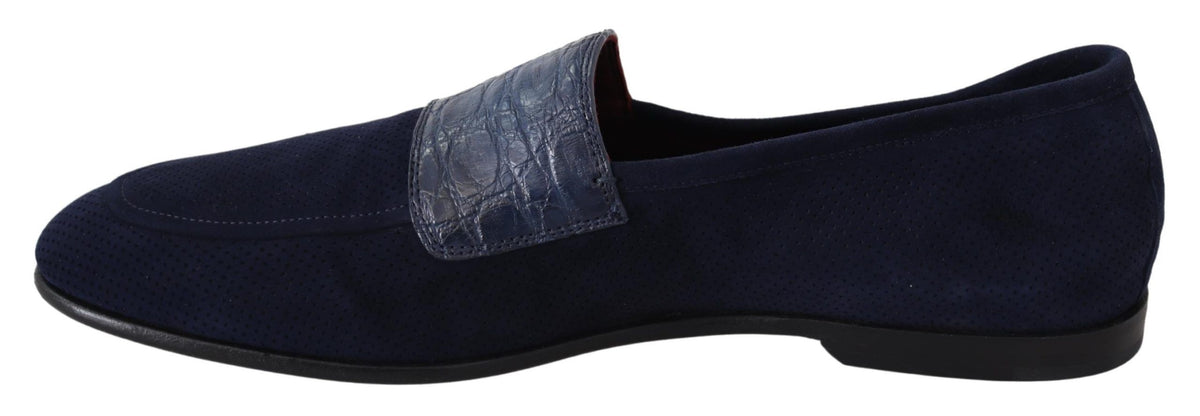 Dolce & Gabbana Blue Suede Caiman Loafers Slippers Shoes blau