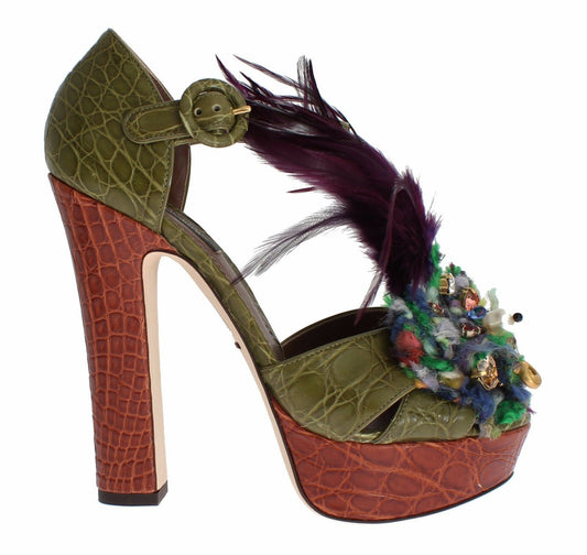 Dolce & Gabbana Green Leather Crystal Platform Sandal Shoes grün