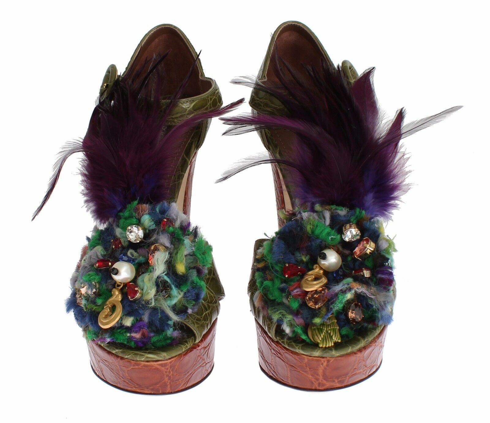 Dolce & Gabbana Green Leather Crystal Platform Sandal Shoes grün