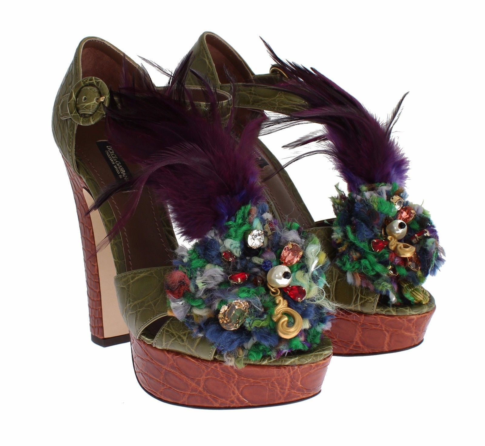 Dolce & Gabbana Green Leather Crystal Platform Sandal Shoes grün