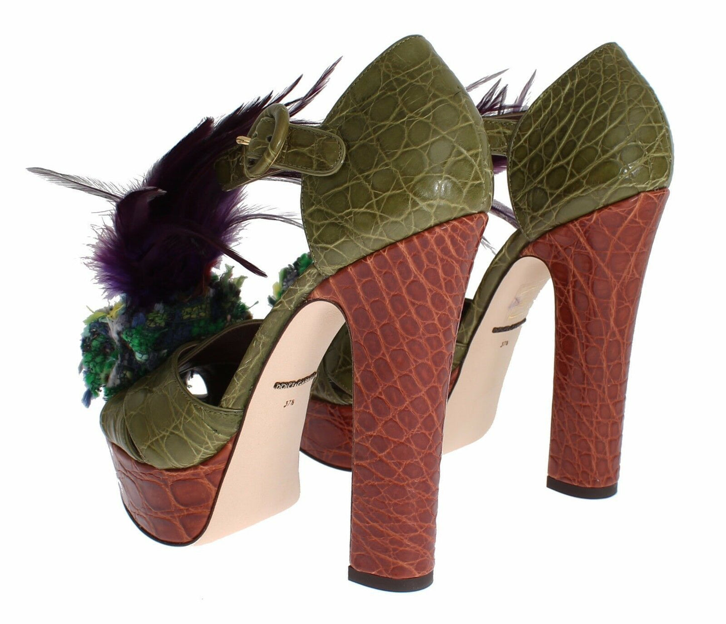 Dolce & Gabbana Green Leather Crystal Platform Sandal Shoes grün