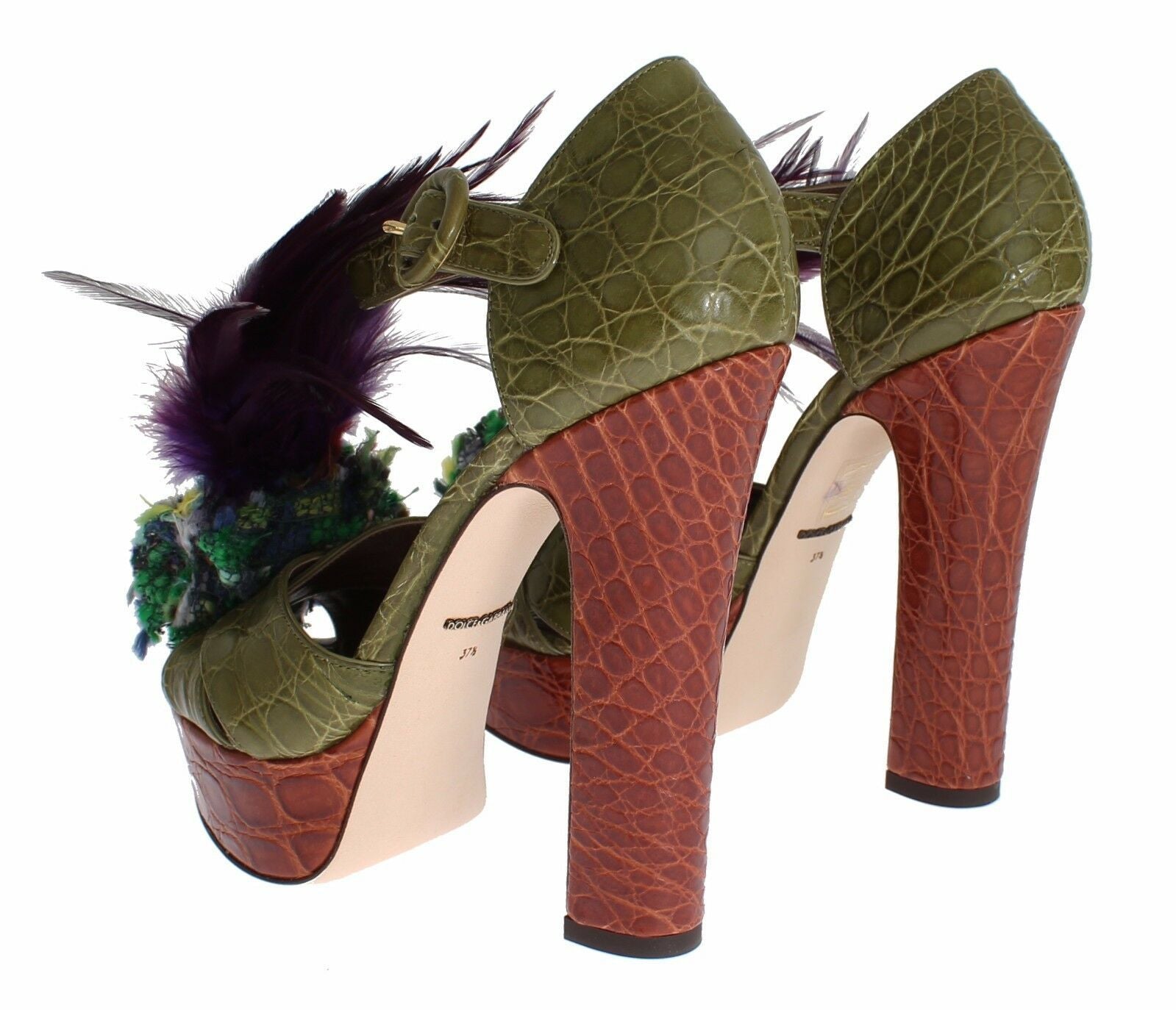Dolce & Gabbana Green Leather Crystal Platform Sandal Shoes grün