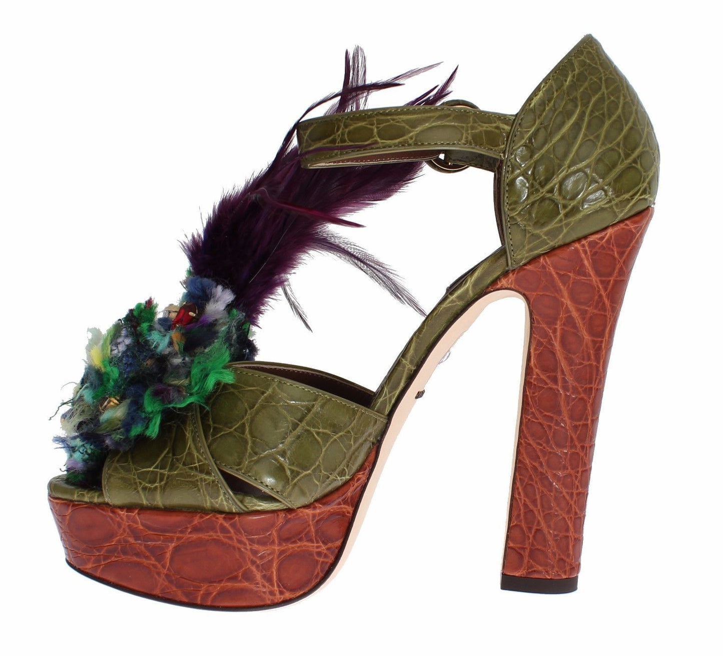Dolce & Gabbana Green Leather Crystal Platform Sandal Shoes grün