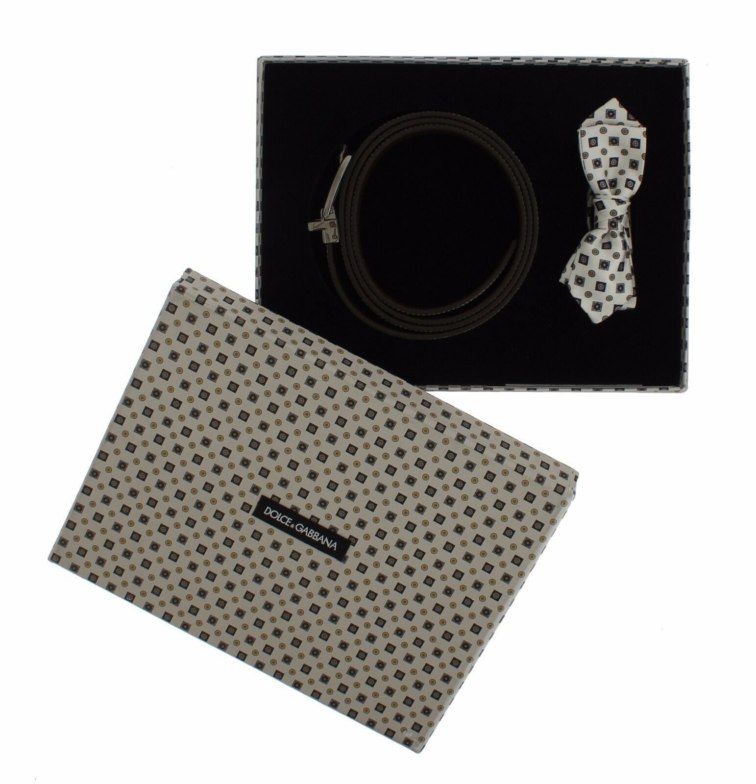 Dolce & Gabbana White Silk Bowtie Leather Men Belt Gift Box Curated Luxury Accessories by Orvyn