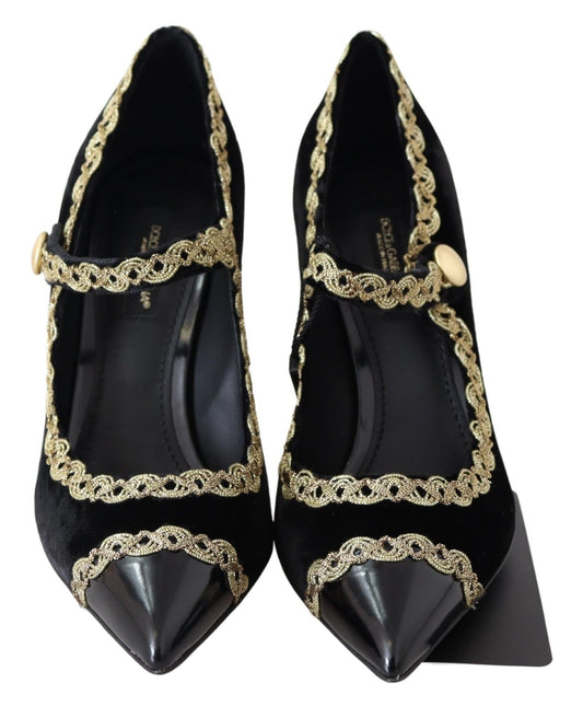 Dolce & Gabbana Black Velvet Gold Mary Janes Pumps schwarz