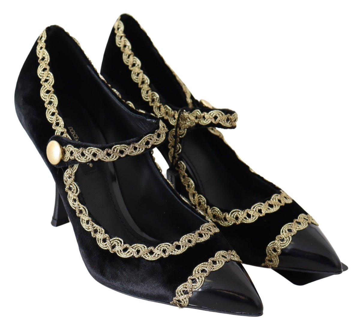 Dolce & Gabbana Black Velvet Gold Mary Janes Pumps schwarz