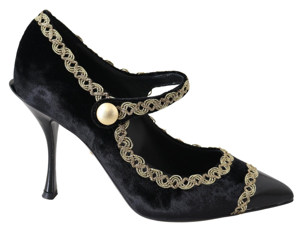Dolce & Gabbana Black Velvet Gold Mary Janes Pumps schwarz
