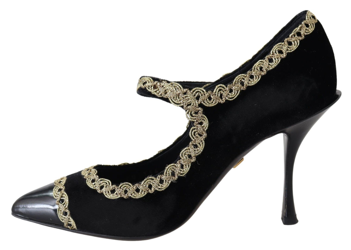 Dolce & Gabbana Black Velvet Gold Mary Janes Pumps schwarz