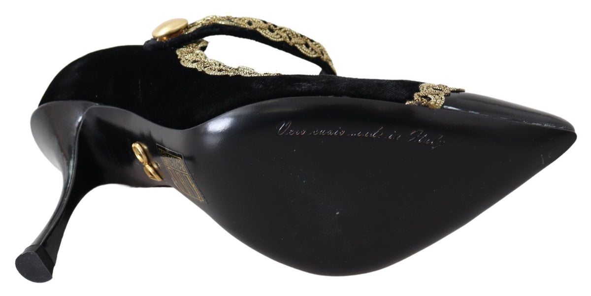 Dolce & Gabbana Black Velvet Gold Mary Janes Pumps schwarz