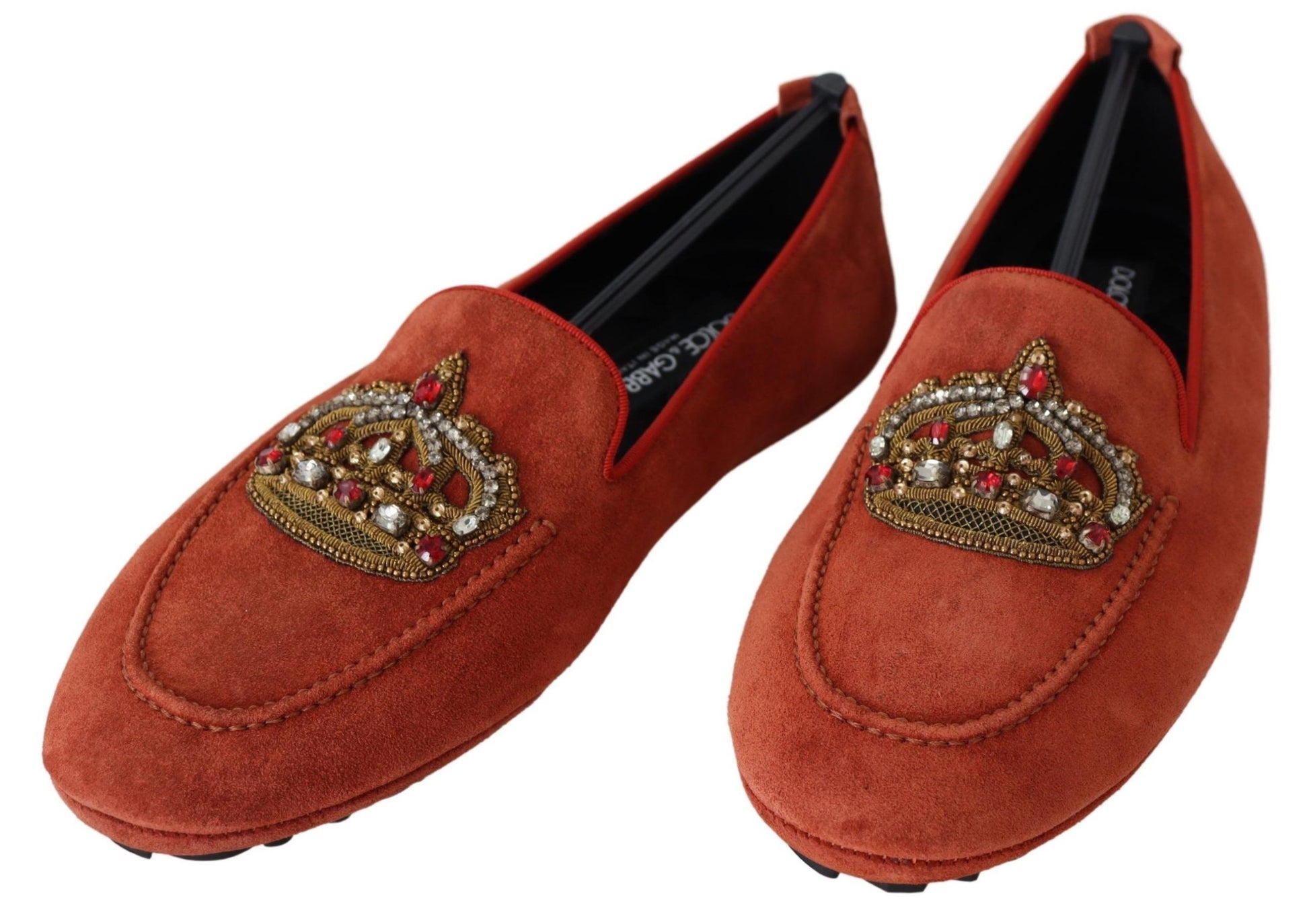 Dolce & Gabbana Orange Leather Crystal Crown Loafers Shoes Curated Luxury Accessories by Orvyn