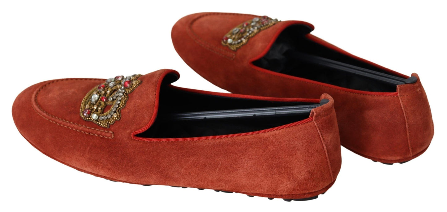 Dolce & Gabbana Orange Leather Crystal Crown Loafers Shoes Curated Luxury Accessories by Orvyn