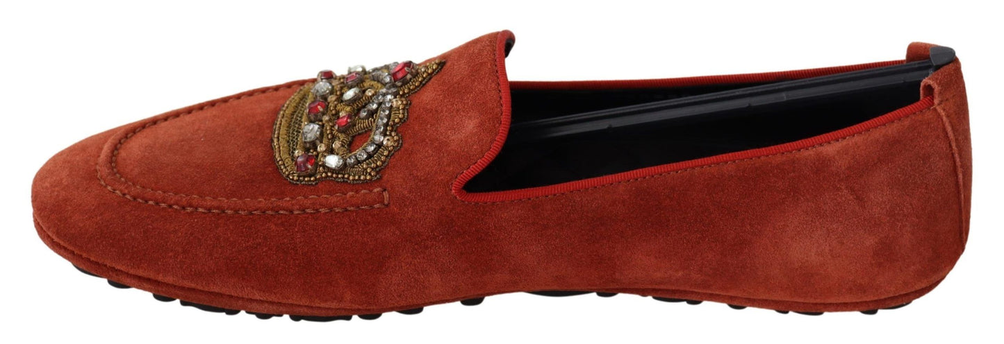 Dolce & Gabbana Orange Leather Crystal Crown Loafers Shoes Curated Luxury Accessories by Orvyn