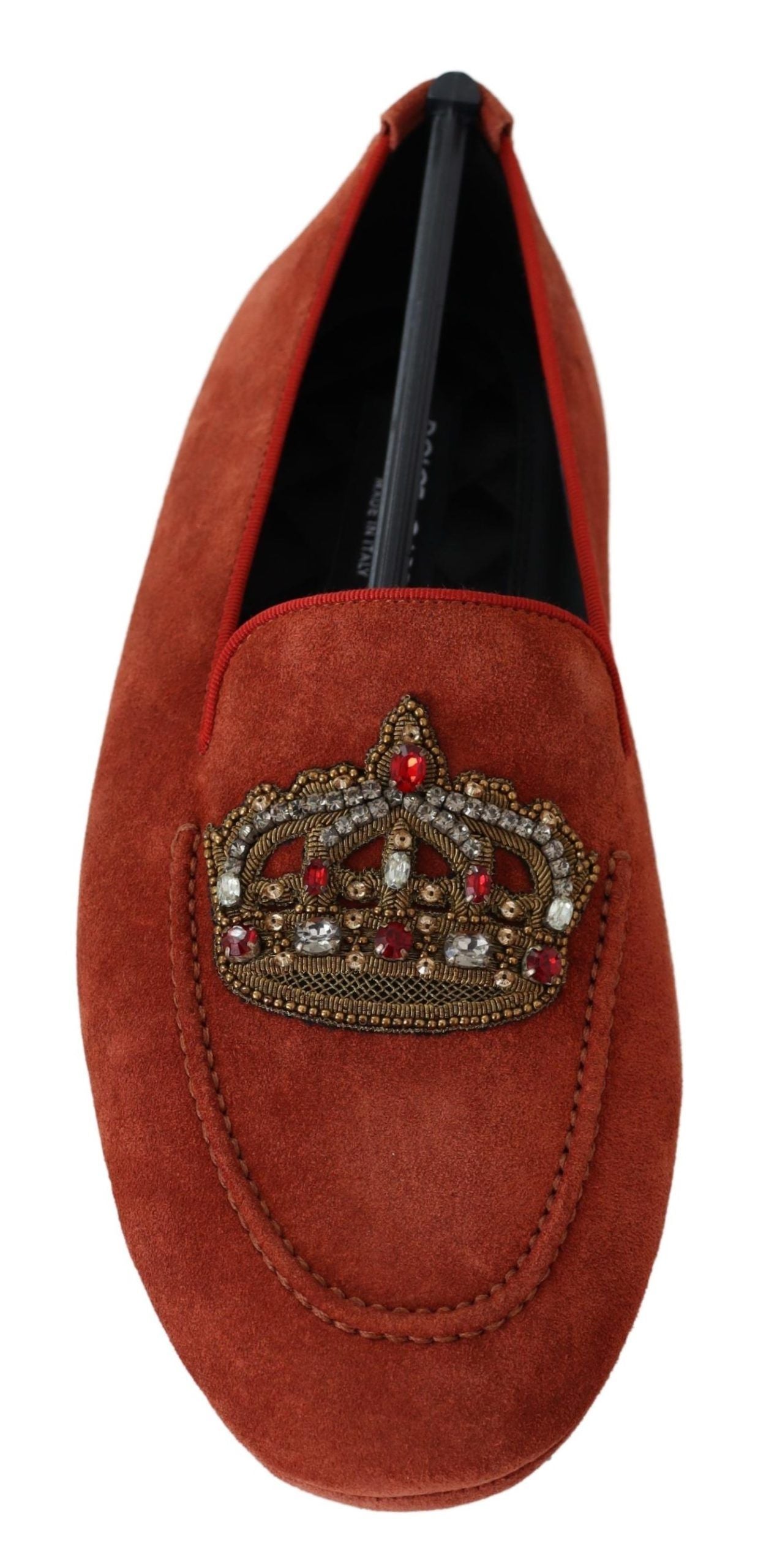 Dolce & Gabbana Orange Leather Crystal Crown Loafers Shoes Curated Luxury Accessories by Orvyn