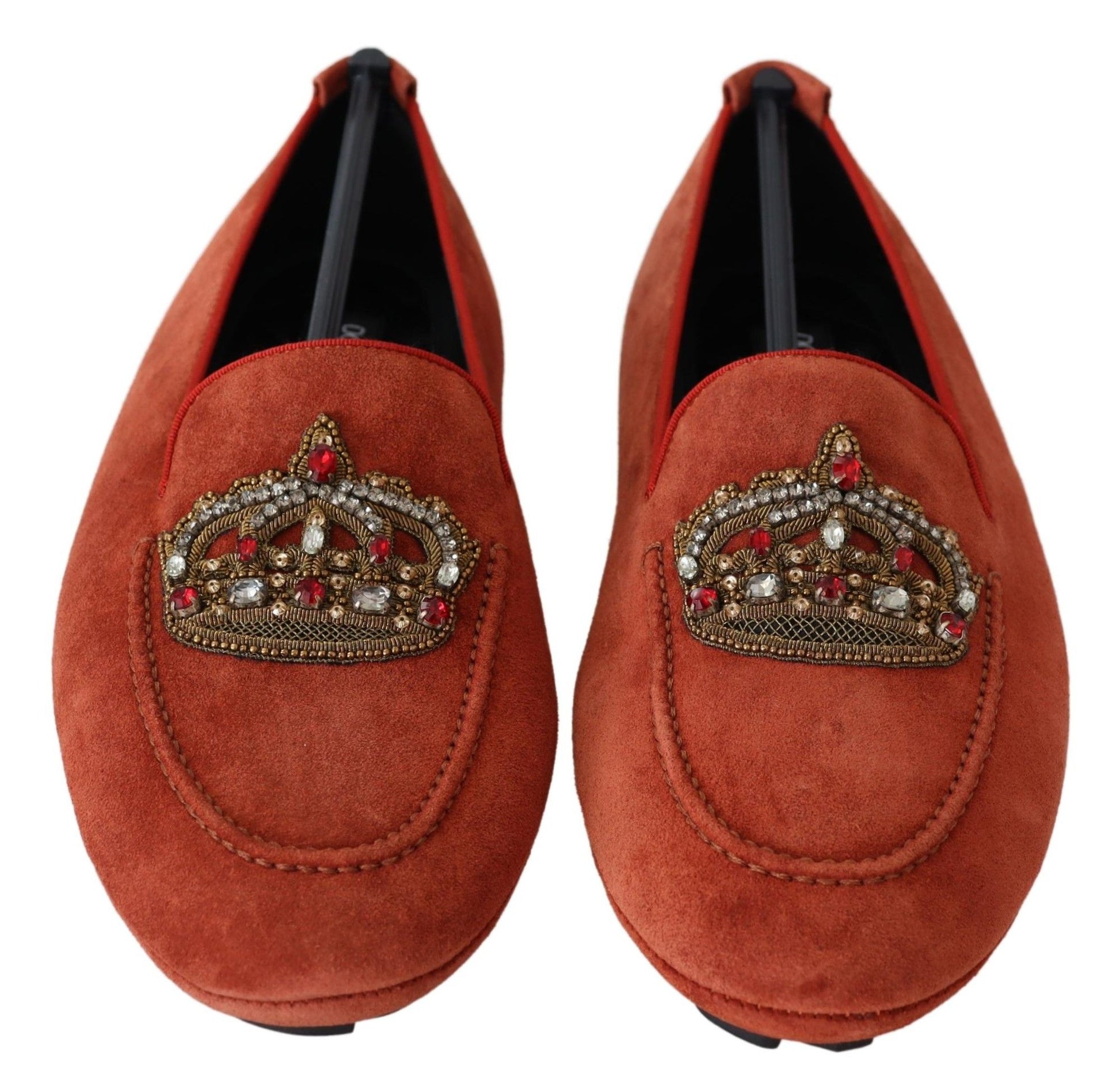 Dolce & Gabbana Orange Leather Crystal Crown Loafers Shoes Curated Luxury Accessories by Orvyn