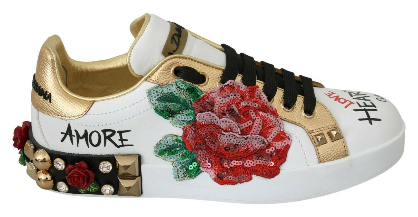 Dolce & Gabbana White Roses Sequined Crystal Womens Sneakers Shoes weiss