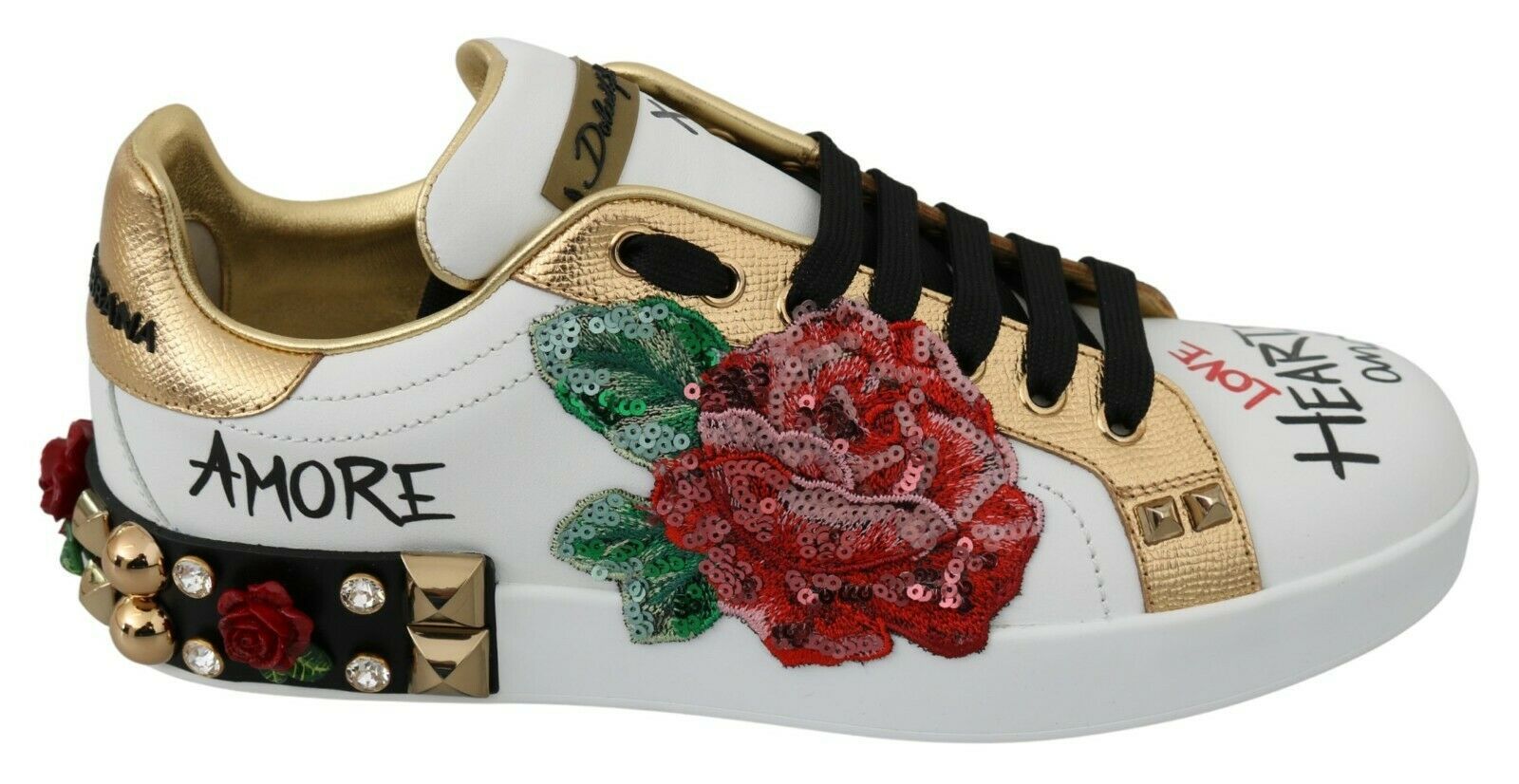 Dolce & Gabbana White Roses Sequined Crystal Womens Sneakers Shoes weiss