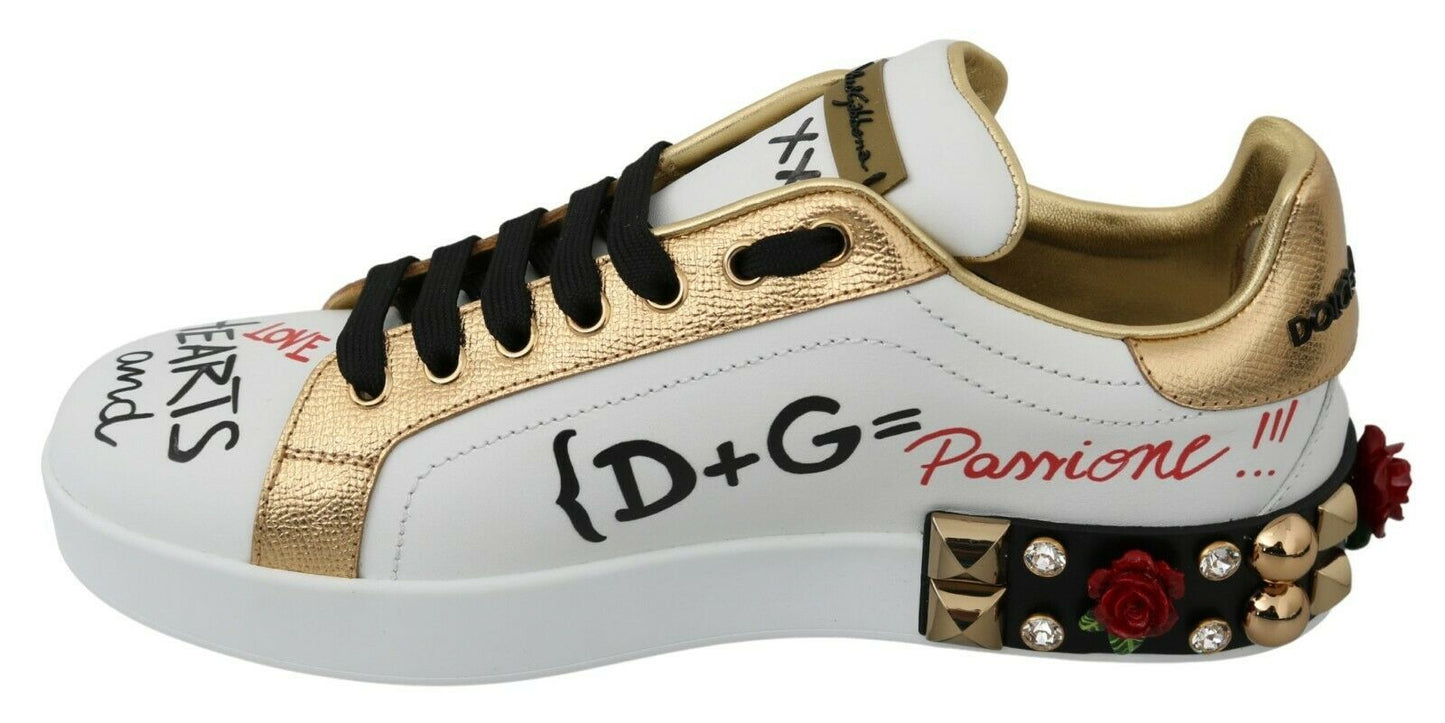 Dolce & Gabbana White Roses Sequined Crystal Womens Sneakers Shoes weiss