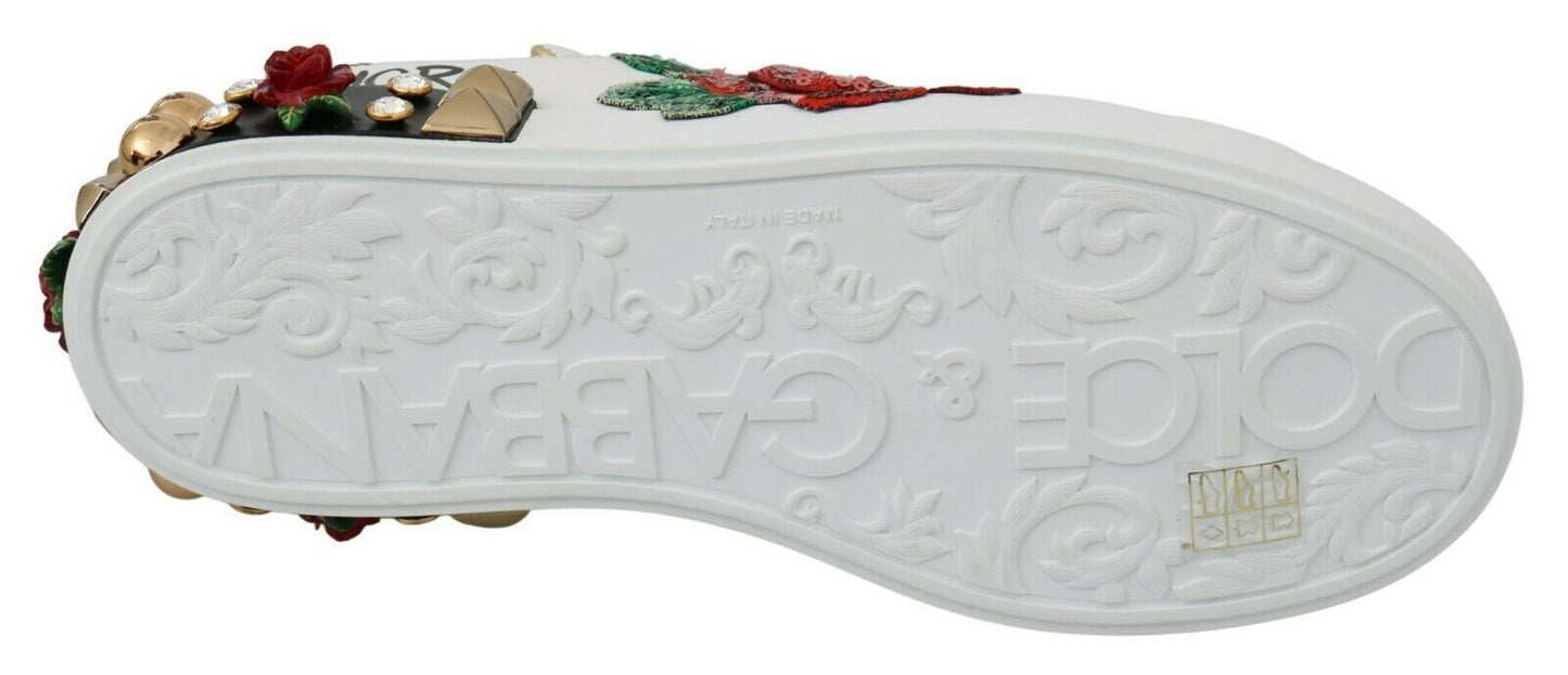 Dolce & Gabbana White Roses Sequined Crystal Womens Sneakers Shoes weiss