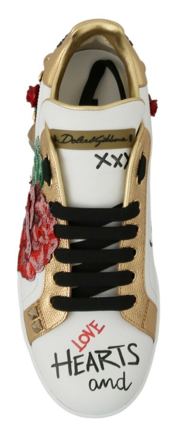Dolce & Gabbana White Roses Sequined Crystal Womens Sneakers Shoes weiss
