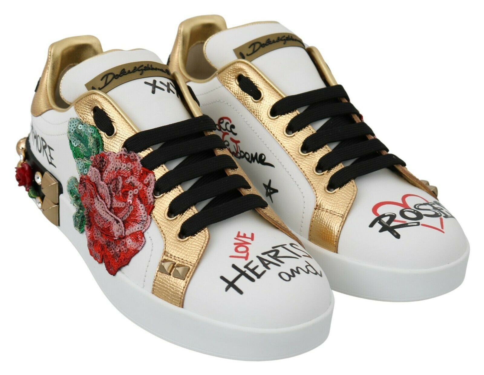 Dolce & Gabbana White Roses Sequined Crystal Womens Sneakers Shoes weiss