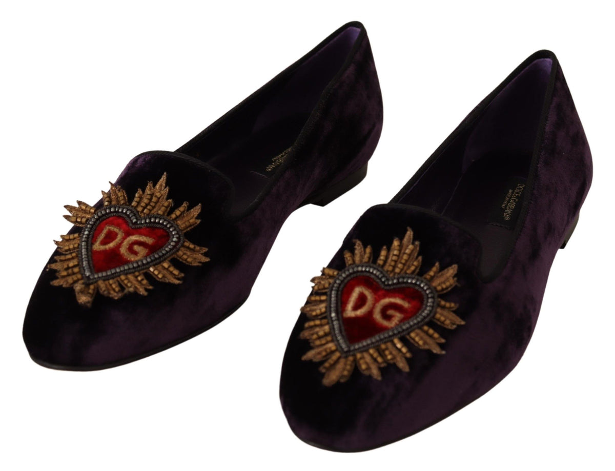 Dolce & Gabbana Purple Velvet DG Heart Loafers Flats Shoes lila