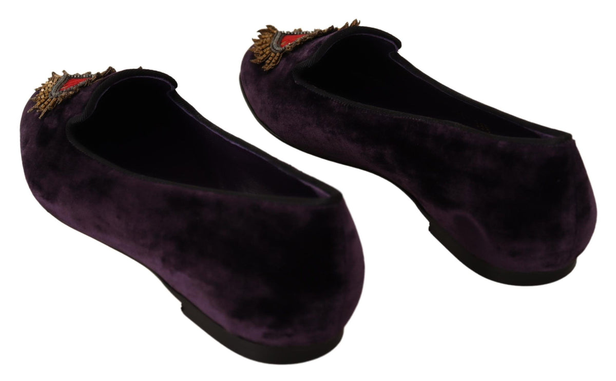 Dolce & Gabbana Purple Velvet DG Heart Loafers Flats Shoes lila