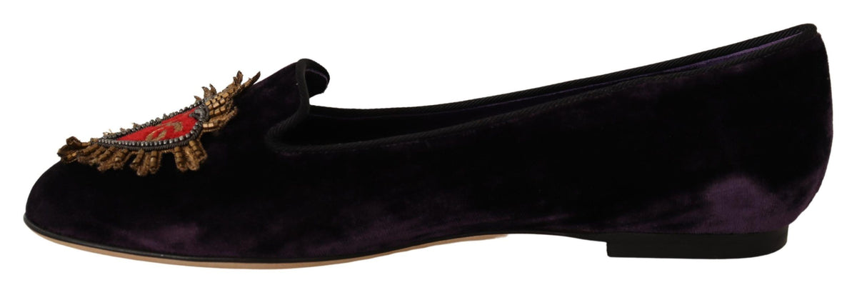 Dolce & Gabbana Purple Velvet DG Heart Loafers Flats Shoes lila