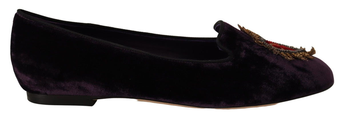 Dolce & Gabbana Purple Velvet DG Heart Loafers Flats Shoes lila
