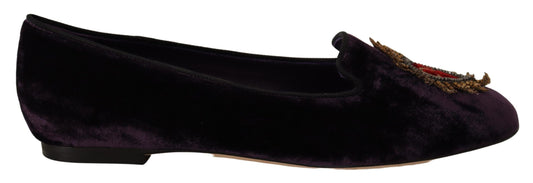 Dolce & Gabbana Purple Velvet DG Heart Loafers Flats Shoes lila