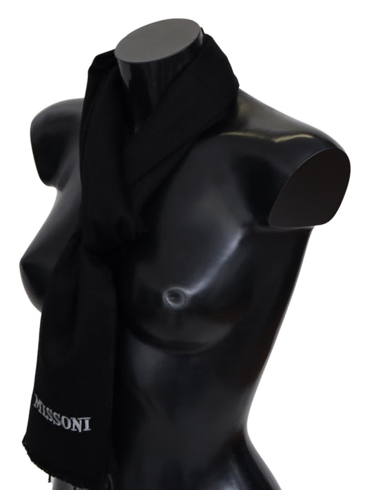 Missoni Black 100% Wool Unisex Neck Wrap Fringes Logo Scarf Curated Luxury Accessories by Orvyn