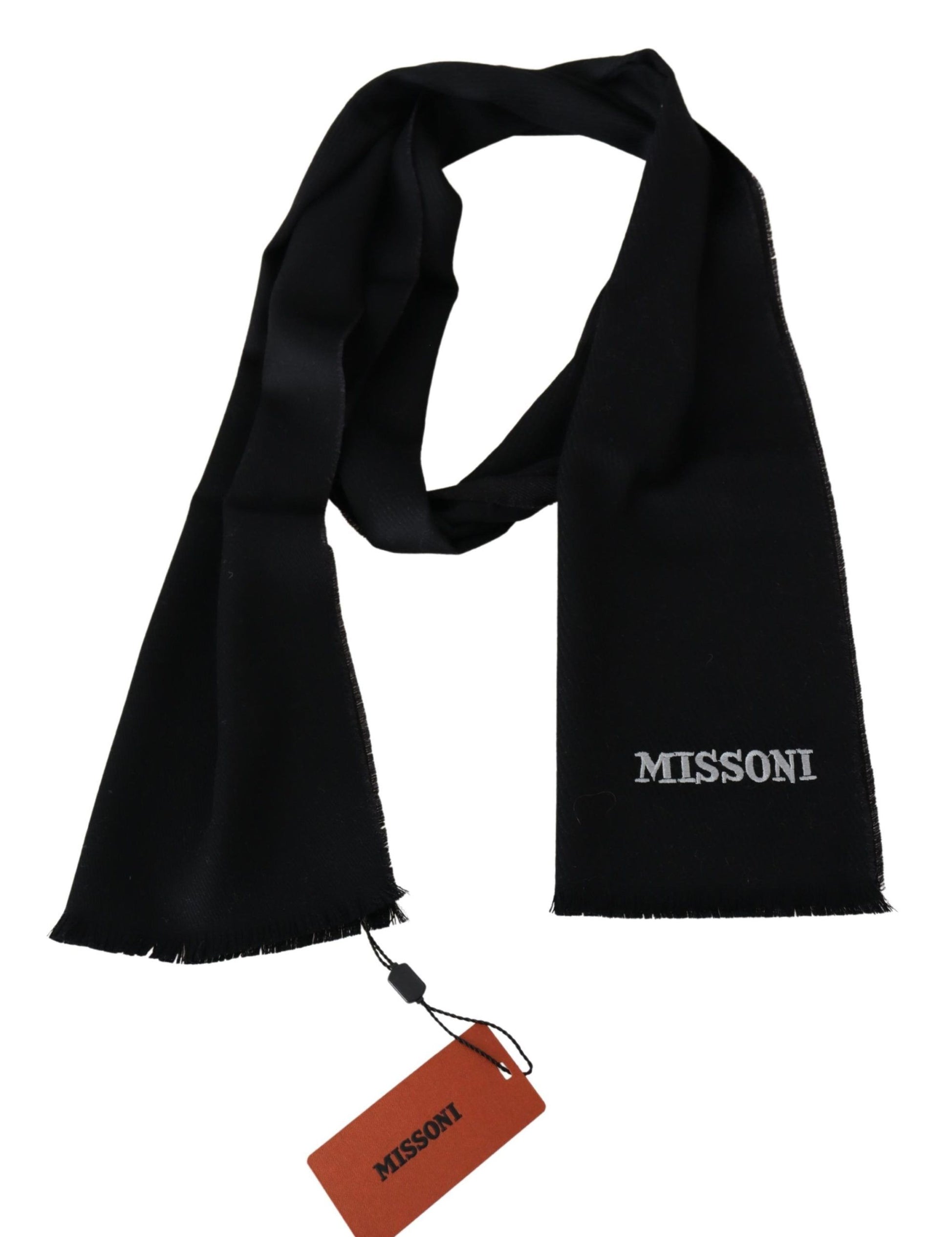 Missoni Black 100% Wool Unisex Neck Wrap Fringes Logo Scarf Curated Luxury Accessories by Orvyn