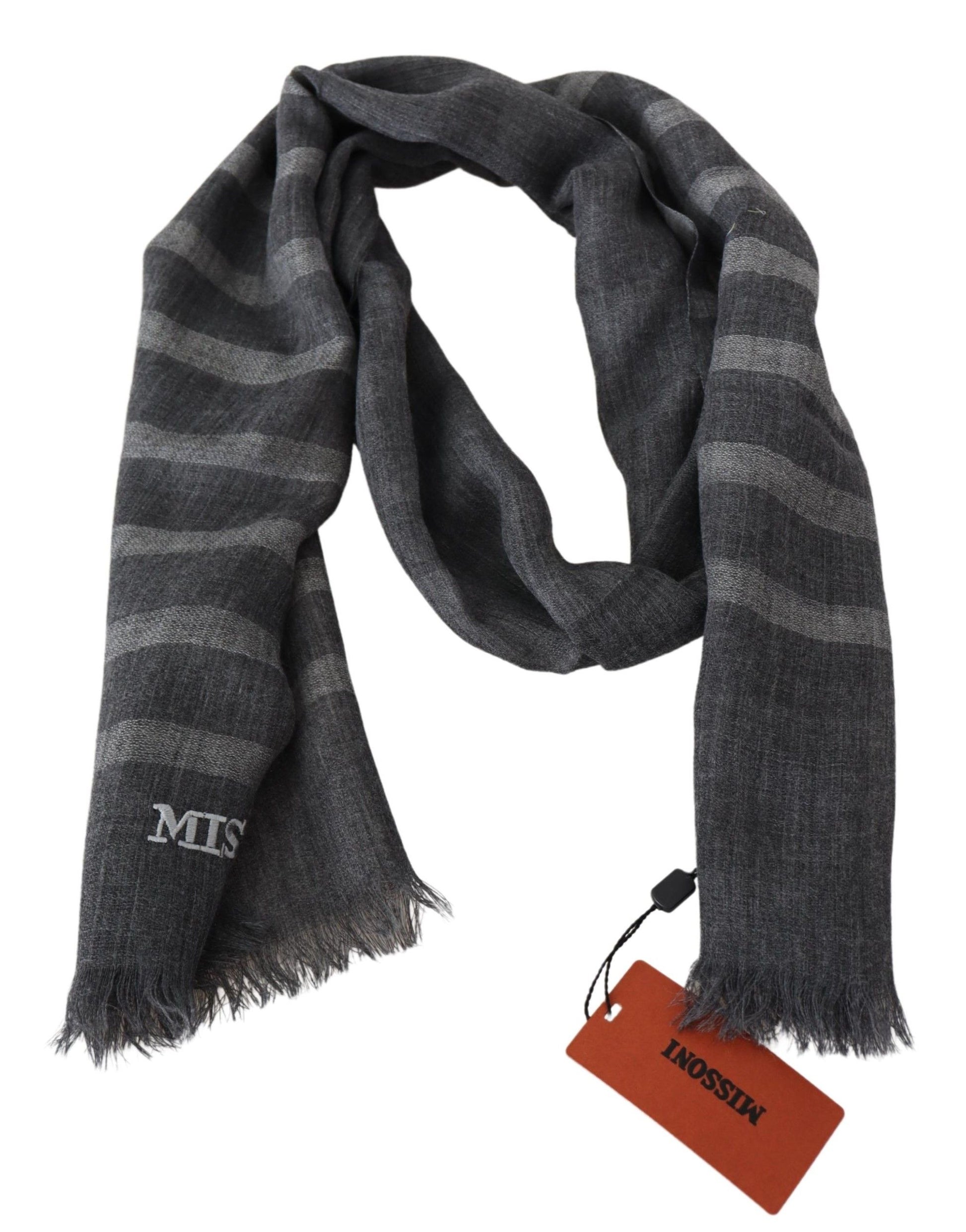 Missoni Gray Striped Wool Unisex Neck Wrap Fringes Scarf Curated Luxury Accessories by Orvyn