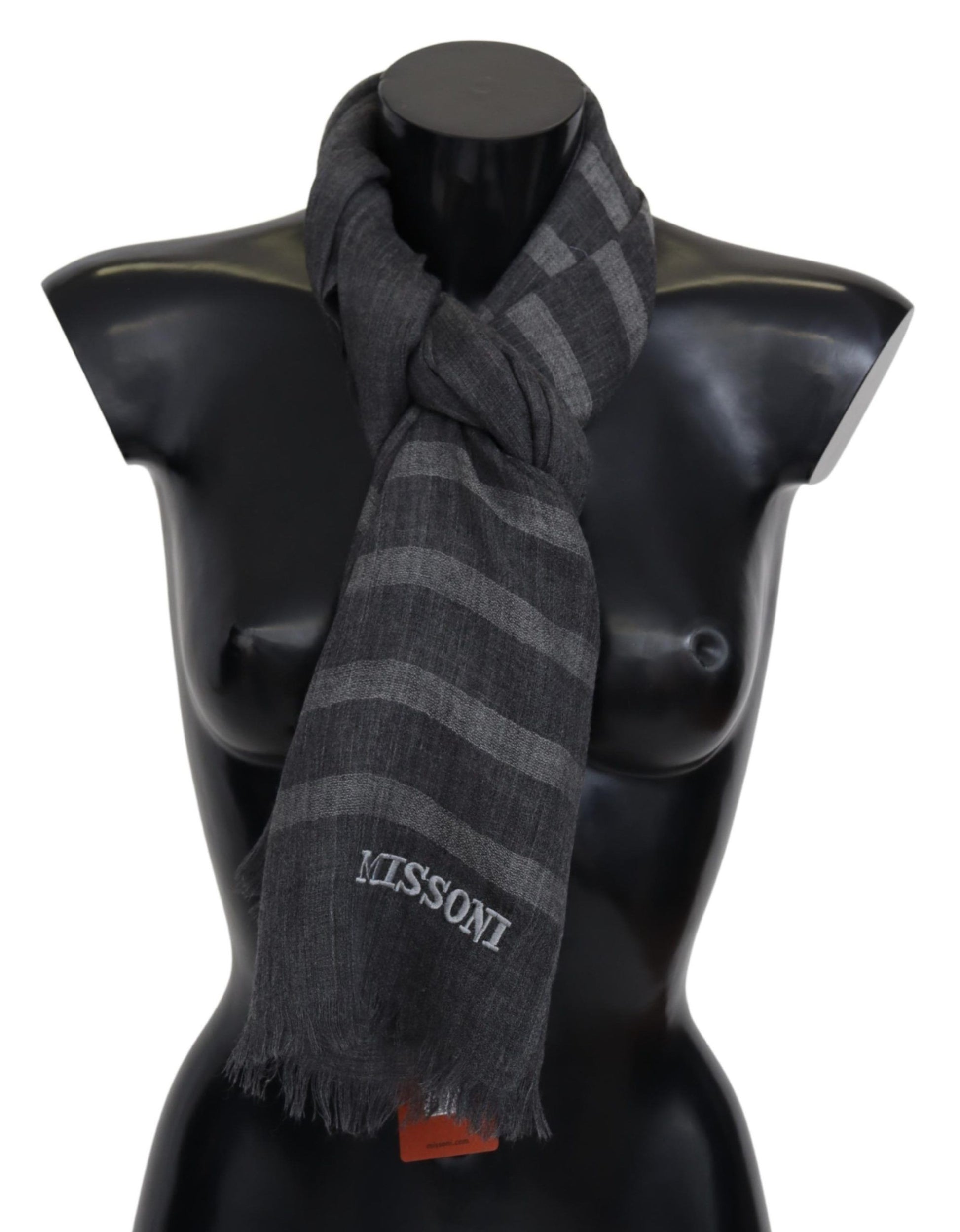 Missoni Gray Striped Wool Unisex Neck Wrap Fringes Scarf Curated Luxury Accessories by Orvyn