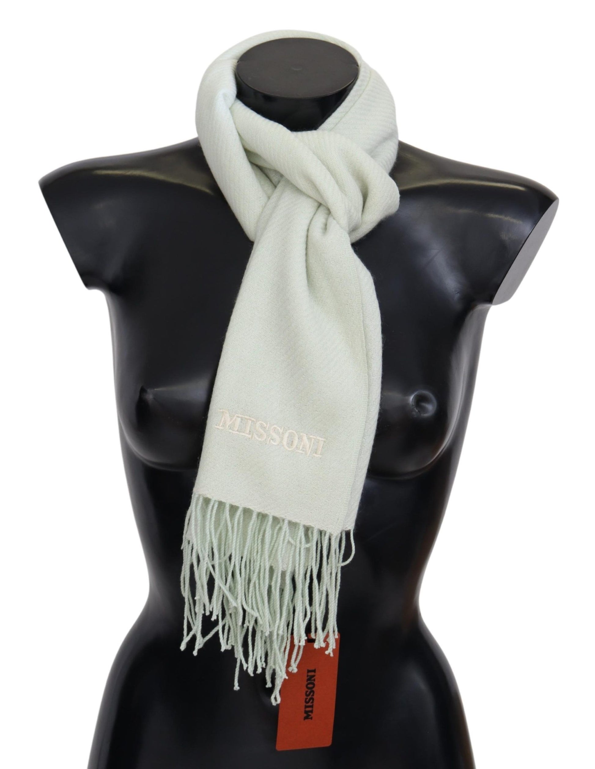 Missoni Light Green Pattern Cashmere Unisex Wrap Fringes Scarf Curated Luxury Accessories by Orvyn