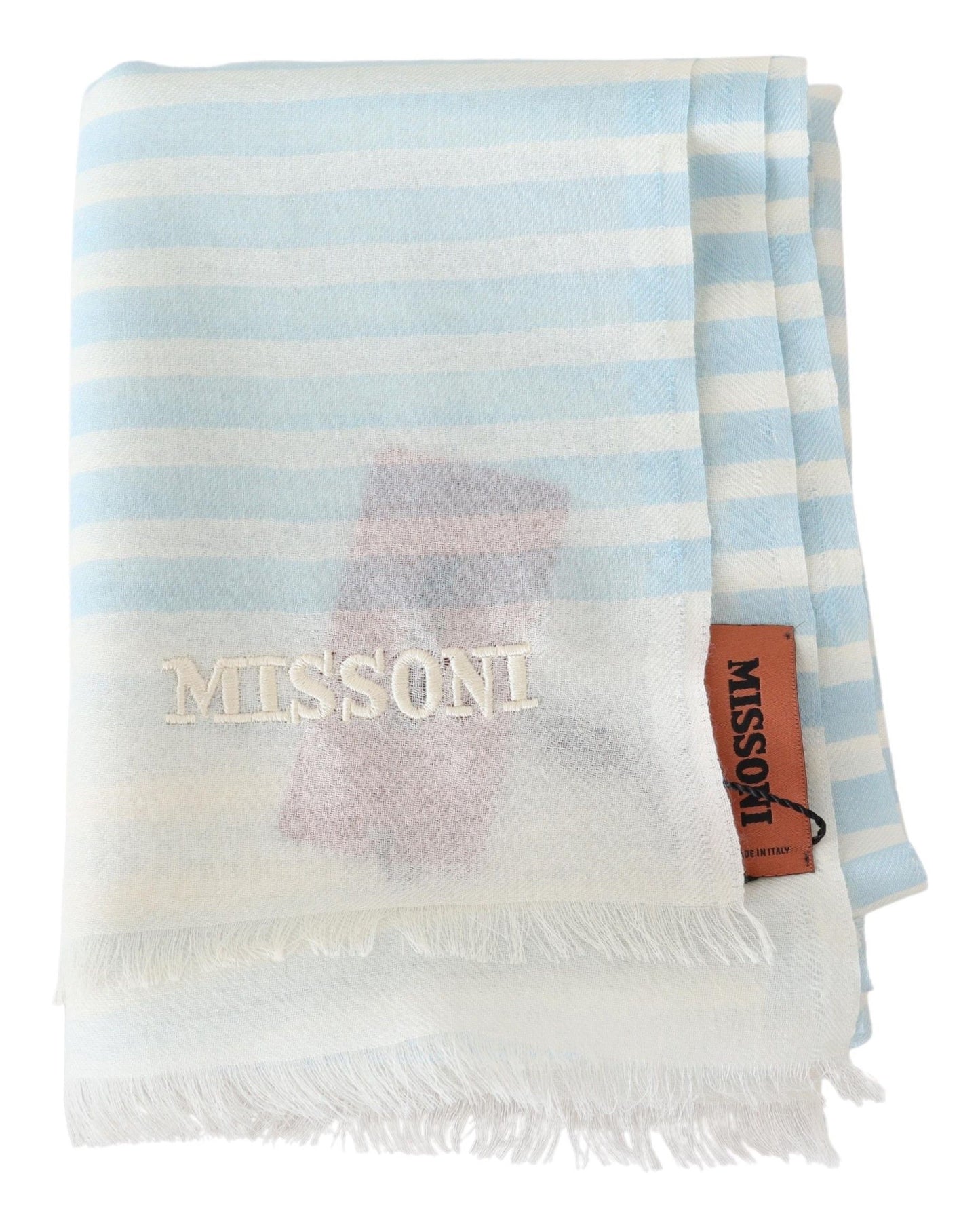 Missoni Blue White Lined Cashmere Unisex Wrap Scarf Curated Luxury Accessories by Orvyn