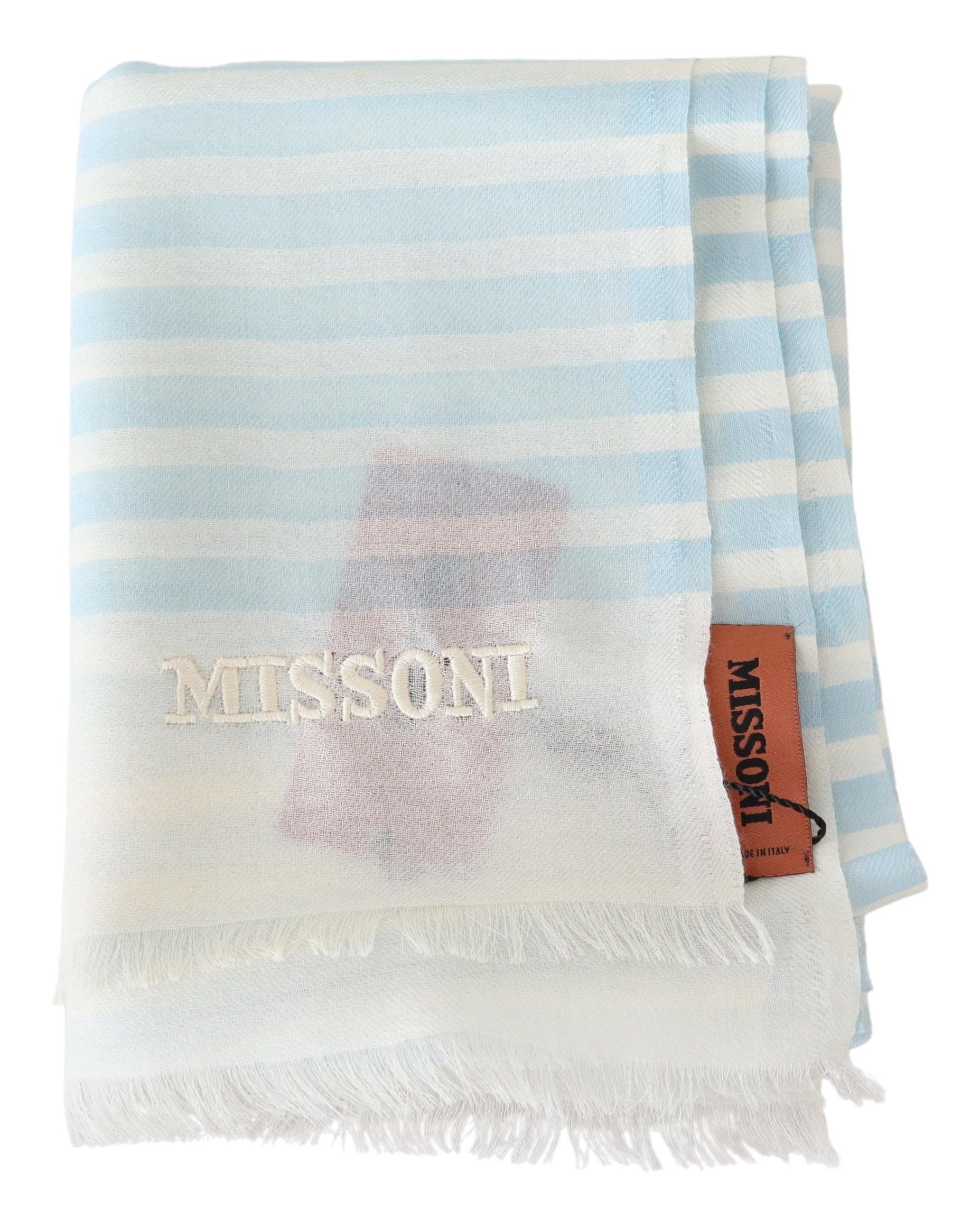 Missoni Blue White Lined Cashmere Unisex Wrap Scarf Curated Luxury Accessories by Orvyn