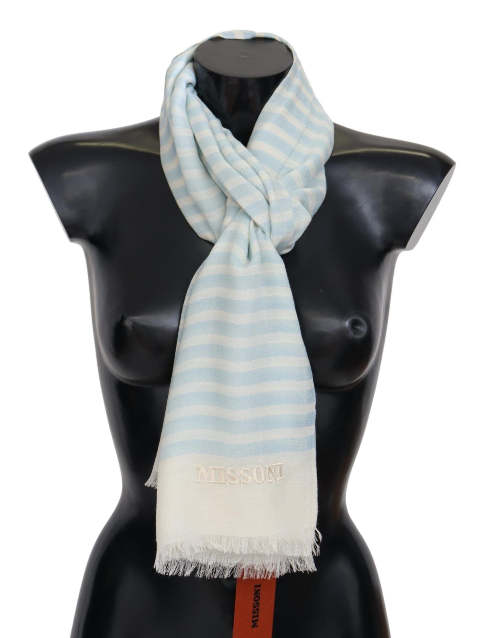 Missoni Blue White Lined Cashmere Unisex Wrap Scarf Curated Luxury Accessories by Orvyn