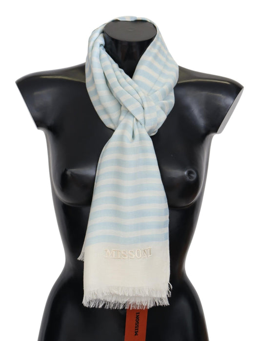 Missoni Blue White Lined Cashmere Unisex Wrap Scarf Curated Luxury Accessories by Orvyn