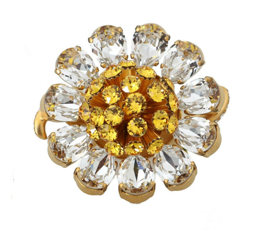 Dolce & Gabbana Gold Brass Yellow Crystal Flower Ring Curated Luxury Accessories by Orvyn